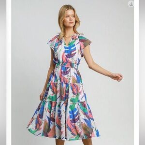 Umgee Multicolor Leaf Print Midi Dress - White Base with Blue, Pink, Green